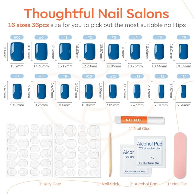 Modelones Blue Press on Nails, Spring Easter Short Square Fake Nails, Reusable Nail Kit with Nail Glue Adhesive Tabs Mini Nail File, Nails Press Ons 32Pcs 16 Sizes, Women Girl Gift