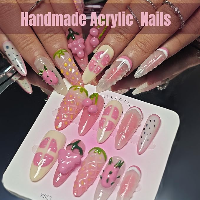 Handmade Acrylic Press On Nails Almond, Long Almond Press On Nails 3D Design, 3D Fruit Strawberry Nails For Women Gift, Reusable Stick On Fake Nails Kit With Nail Glue(Strawberry Fruit Feast-S)
