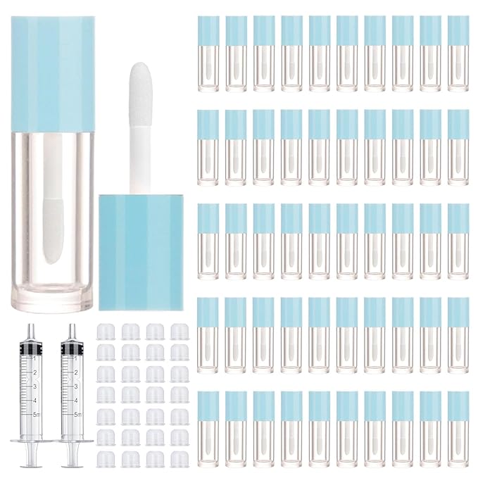 50pcs 2.5ml Empty Lip Gloss Containers Lip Gloss Tubes with Wand Cute 0.08oz Clear Refillable Lipgloss Making Supplies Kit for DIY Makeup + 2pcs Syringes (Blue)