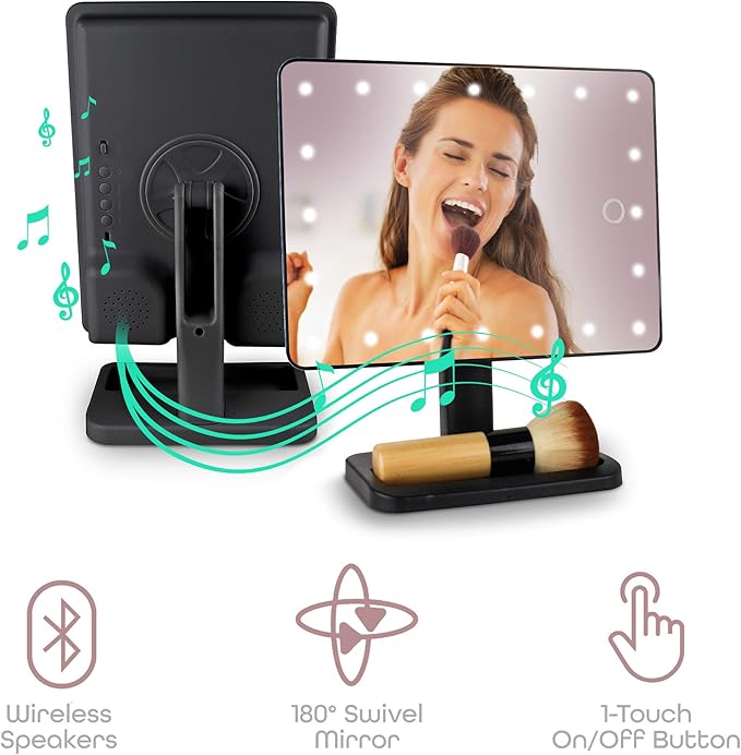 Aduro Vanity Mirror Makeup Mirror With Lights And Wireless Speaker, U-Reflect Beauty LED Wireless Swivel Smart Home Audio Mirror With Tray (Black)