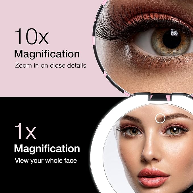 Fancii Taylor LED Lighted Travel Makeup Mirror, Rechargeable with 10x/1x Magnifying & 3 Light Settings - Compact, Portable, Large 5” Wide Hand Mirror for Handbag and Purses, Taylor (Love Train)