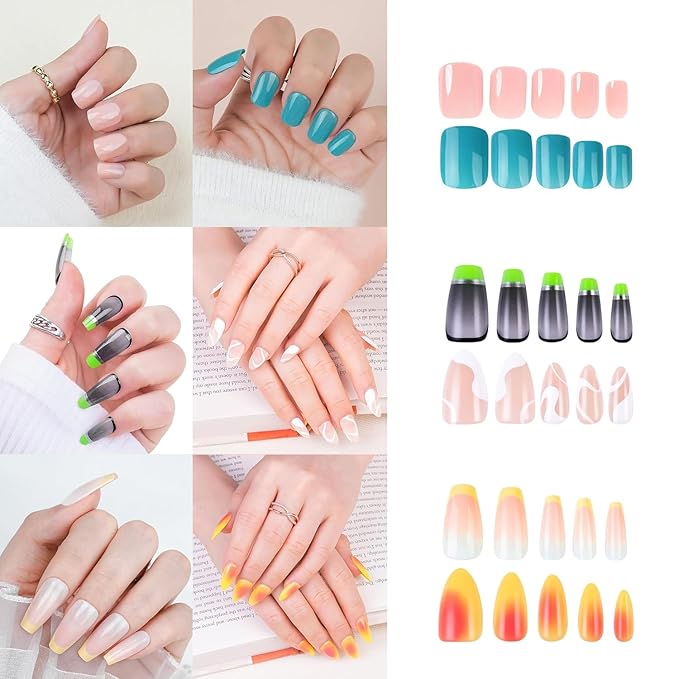 12 Packs（288 Pcs) Press on Nails, Acrylic Nails Glue On Medium Coffin False Nails,Short Square Fake Nails Fit Perfectly Almond Nails Press on wtih Nail Glue 12 Colors Stick on Nails Set