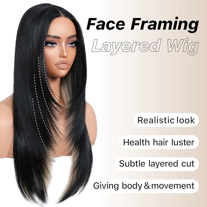 Black Blond Skunk Stripe Wear and Go Glueless Wigs Pre Plucked Pre Cut for Beginners Synthetic Lace Front Wigs With Bangs Long Straight layered Wigs Highlights 26 Inch 3 Seconds to Wear