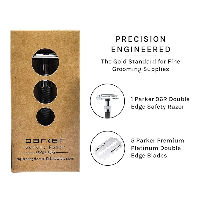 Parker, 96R Graphite Gray Long Handle Butterfly Open Double Edge Safety Razor for Men, 5 Parker Premium Platinum Double Edge Razor Blades Included