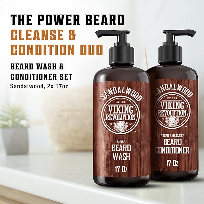 Viking Revolution Beard Wash & Beard Conditioner Set with Argan & Jojoba Oils - Softens and Strengthens - Natural Sandalwood Scent - Beard Shampoo with Beard Oil (17 oz)