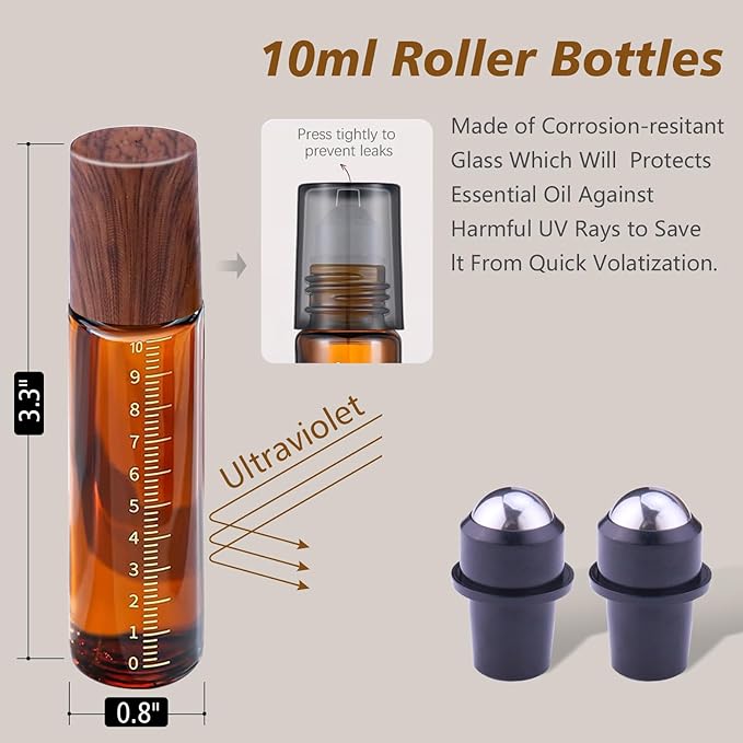 30pcs Essential Oil Roller Bottles, Amber Glass Roller Balls for Essential Oils, 10ml Empty Rollerball Bottles for Travel Refillable Roll on Perfume