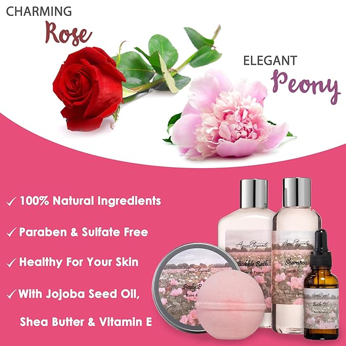 Bath Spa Gift Sets - Luxury Basket With Rose Oil & Peony - Spa Kit Includes Wash, Bubble Bath, Lotion, Bath Salts, Body Scrub, Body Spray, Shower Puff, Bathbombs, Soap and Towel