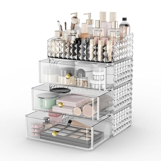 Makeup Organizer for Vanity, Stackable Cosmetics Organizer and Storage, Cosmetic Display Cases with 3 Drawers and 1 Tray for Makeup Brush, Hair Accessories, Lipstick and Jewelr, Clear