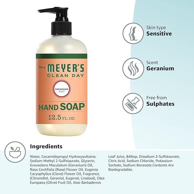 MRS. MEYER'S CLEAN DAY Hand Soap, Made with Essential Oils, Biodegradable Formula, Geranium, 12.5 fl. oz
