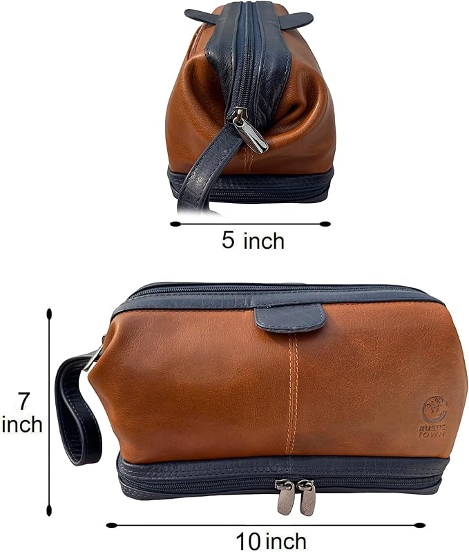 RUSTIC TOWN Leather Toiletry Bag for Men - Travel Gift Shaving Dopp Kit - Bathroom Shower Toiletries Organizer - Cosmetic Makeup Bag for Women