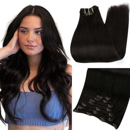 Full Shine Black Clip in Hair Extensions Human Hair 18 Inch Invisible Hair Clip in Extensions for Women Black Straight Hair Extensions Clip in Human Hair 7 Pcs