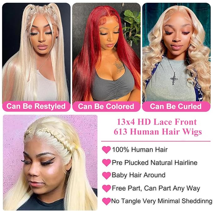 613 Straight Lace Front Wig, Human Hair, 13x4 Lace Closure, Pre-Plucked with Baby Hair, 24 Inch Blonde, 180% Density Frontal Wig for Women