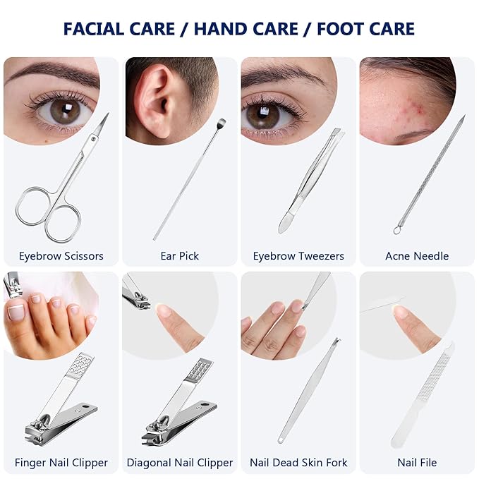 Lasnten 24 Set Manicure Set Bulk Nail Clippers Grooming Nail Kit Stainless Steel Professional Pedicure Kit Pedicure Tools with Travel Case Gifts for Men Women Personal(8 in 1,Gray, Silver)