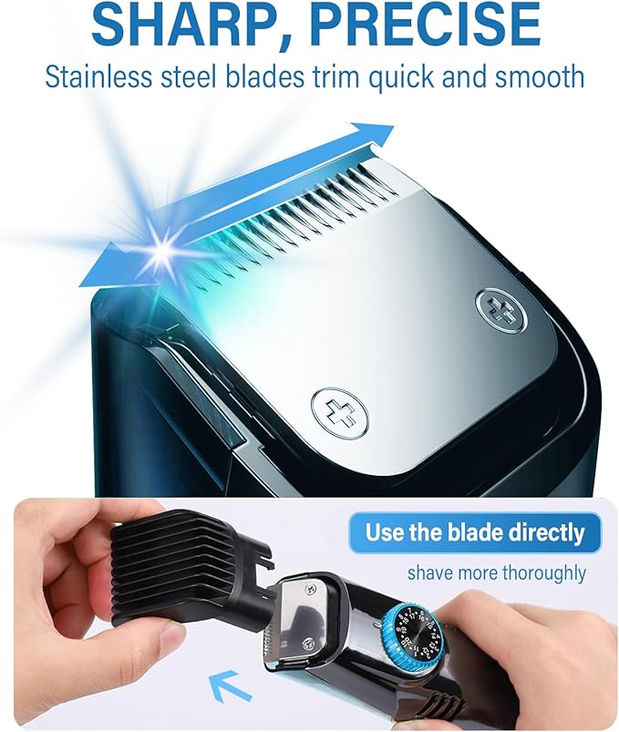 Electric Beard Trimmer for Men, Vacuum Beard Trimmer, 20 Length and Style Settings with Adjustable Length Comb (1-20mm) Mustache Trimmer, Washable, Removable Blades - Blue