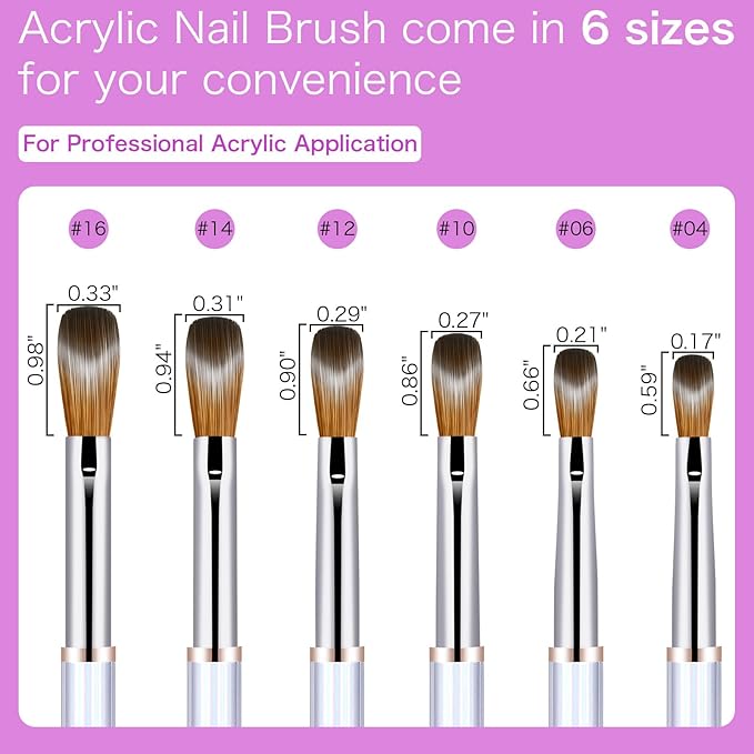 6Pcs Acrylic Nail Brushes Set, Kolinsky Acrylic Nail Art Brush, Art Design & Polish Mistake Cleaning Manicure Tools for Women Acrylic Application (Size 4 6 10 12 14 16)
