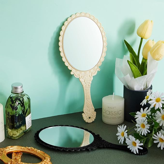Qunclay 12 Pcs Vintage Handheld Mirror, 9.8" L x 4.5" W Small Colorful Embossed Portable Princess Mirror for Classroom Kids Princess Party Favors Travel