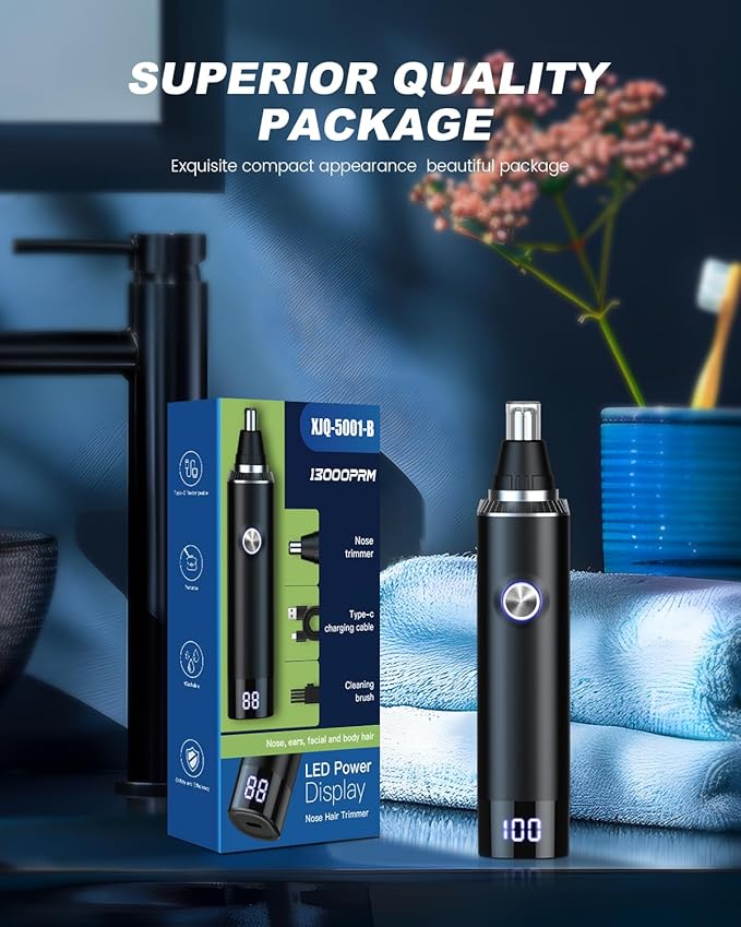 Ear & Nose Hair Trimmer with LED Display for Men Women,Painless USB Rechargeable Eyebrow & Facial & Nose Hair Trimmer Clipper,Professional IPX7 Waterproof Dual Edge Blades 12500 RPM (Black)