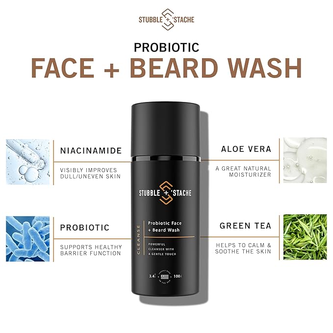 stubble & stache Face Wash and Beard Wash for Men – Daily Facial Cleanser with Niacinamide, Aloe Vera, Green Tea, and Probiotics – Fragrance-Free – 3.4 fl oz
