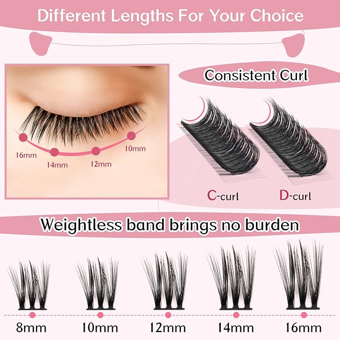 Cluster Lashes, 72 Pcs Individual Lashes, Lash Clusters DIY Eyelash Extension, Super Thin Band Reusable Soft & Comfortable (Bubbling-D-16mm)
