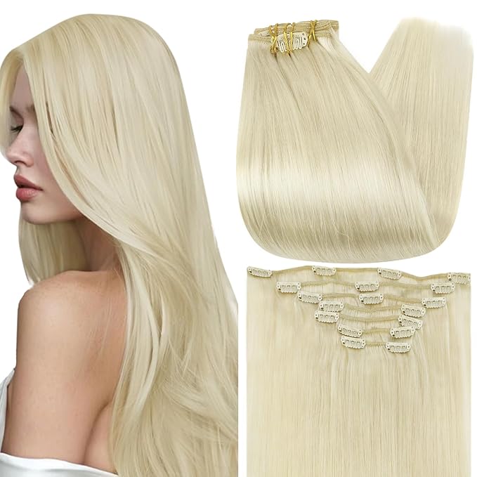 Full Shine Clip in Blonde Human Hair Extensions 24 Inch Blonde Clip in Hair Extensions for Women Triple Weft Natural Real Human Hair 7 Pcs 120 G