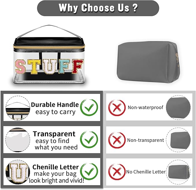 Chenille Letter Clear Makeup Bags Stuff Pouch, Preppy Patch Makeup Bag Zipper with Handle, Transparent PVC & Nylon Waterproof Glitter Cosmetic Handbag Travel Toiletry Storage for Women(STUFF-Black)