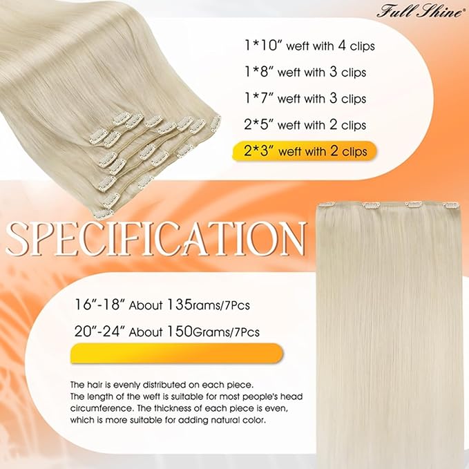 Full Shine Clip in Hair Extensions Platinum Blonde 135 G Human Hair Clip in Extensions Straight Blonde Human Hair Extensions for Women 16 Inch 7 Pcs