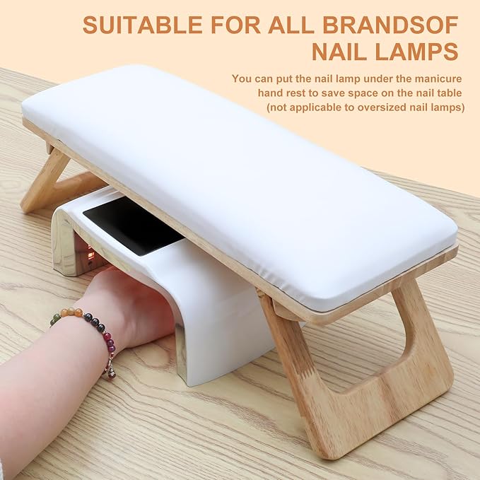 Arm Rest for Nails Tech, Professional Microfiber Leather Nail Arm Rest, Nail Pillow Rest Cushion with Soft High-Density Sponge, Solid Wood Non-slip Hand Rest Stand for Manicure Salon (White)