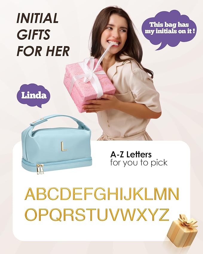 Women Gifts Basket Ideas, Travel Makeup Bag with Handle, Initial Double Layer Cosmetic Bag with Makeup Brush Organizer, Customizable Graduation Gifts for Girls Age 10-12 12-14 14-16 16-18