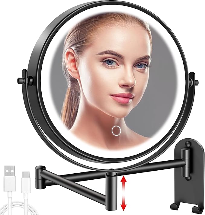 8" Wall Mounted Lighted Makeup Mirror, 3000mAh Rechargeable Double Sided 1X/10X Magnifying Mirror with Hook, 3 Color Lights Touch Dimmable 360° Rotation Vanity Mirror for Bathroom (Black)