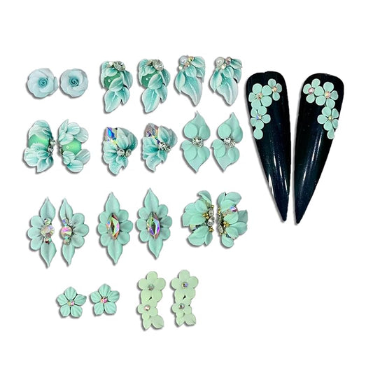 3D Acrylic Flower Nail Art Charms Handmade by Acrylic Powder - 24pcs Flowers Nail Rhinestones Kit 3D Crystal Nail Pearls Design Acrylic Nail Art for Women (Turquoise)