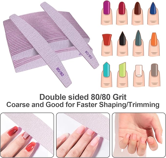 80/80 Grit Nail Files (50 Pack), Emery Boards for Acrylic Nails and Gel Nails, Coarse Nail File Double Sided 80 Grits Emory Professional Nail Filers Reusable Washable Manicure Curved Gray Bulk