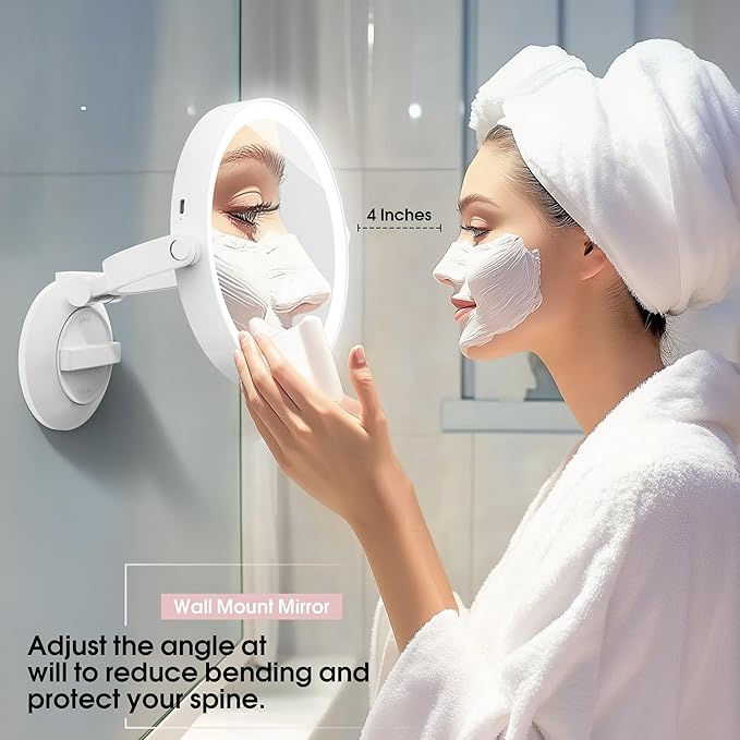 10X/1X Makeup Mirror with Lights and Magnification, 7.1” Wall Mounted Desktop Double-sided Magnifying Mirror with Suction Cup, 360°Swivel Rechargeable Travel Vanity Mirror with 3 Colors & Dimmable