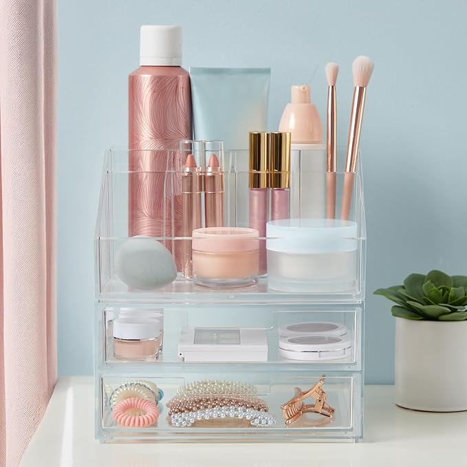 STORi Chloe Stackable Clear Makeup Brush Holder and Drawer Organizer Set, Organize Brushes, Cosmetics, and Beauty Supplies, Made in USA