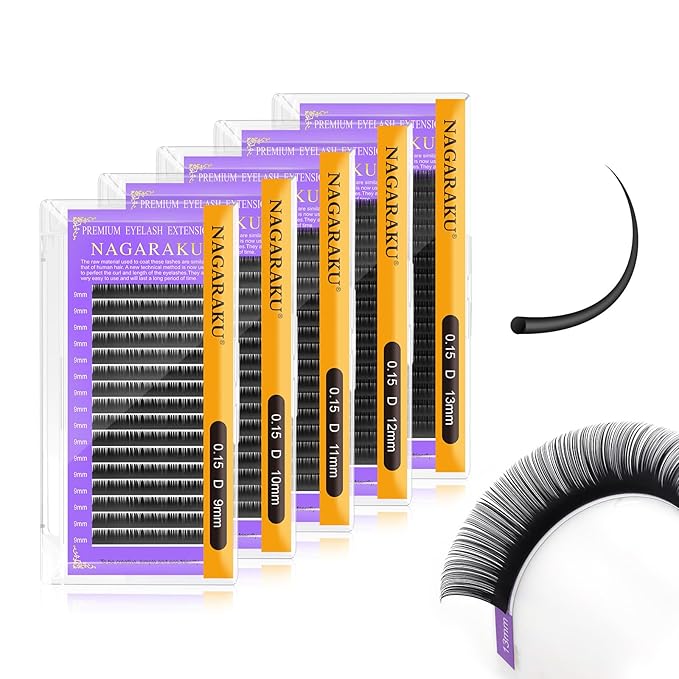 NAGARAKU 5 Trays Eyelash Extensions Individual Lashes 0.15mm D curl 9/10/11/12/13mm in 1 pack Classic Matte Black Natural Professional Faux Mink 16 rows