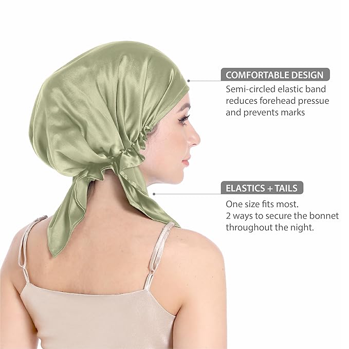 100% Silk Bonnet for Sleeping, Hair Bonnet with Tie Band, Large Silk Sleep Cap for Curly Hair, Silk Hair Wrap for Hair Care (Sage Green)