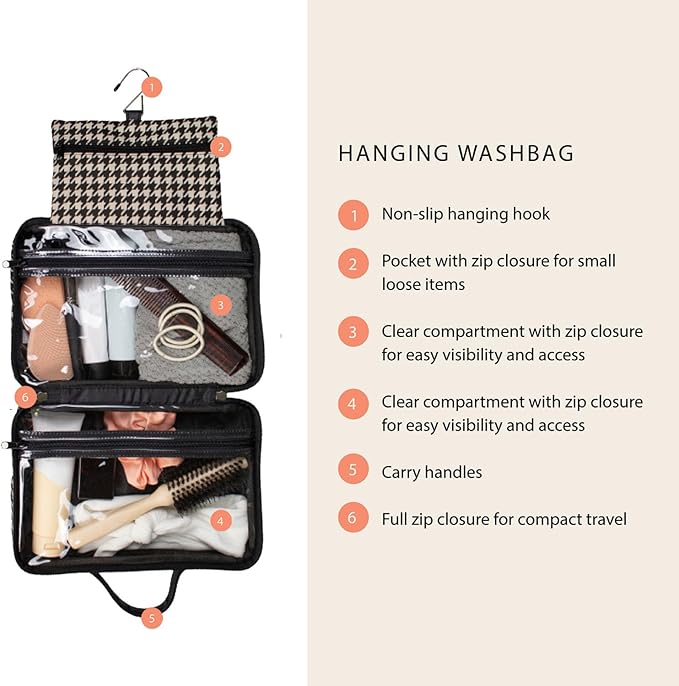 Houndstooth Hanging Travel Bag, Toiletry Bag, Makeup Bag for Women, Portable Water-resistant Small Travel Bag for Toiletries & Cosmetic Essentials