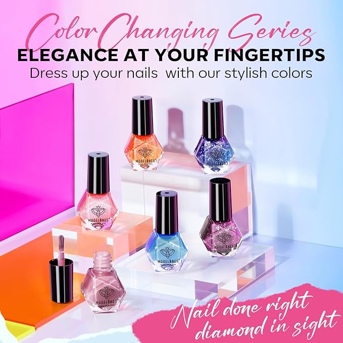 modelones Color Changing Nail Polish Set, 6 Colors Winter Pink Blue Purple Orange Neon Mood Temperature Change Ombre Quick Dry Mini Nail Polish Manicure DIY Nail Art Salon Valentine's Gift