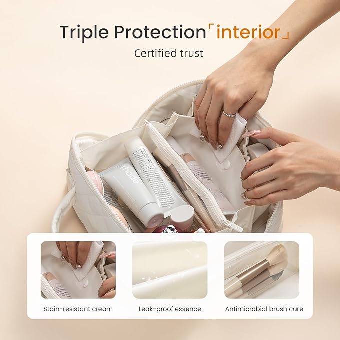 LOVEVOOK Travel Makeup Bag for Women, 2Pcs Set Puffer Waterproof Cosmetic Organizer, Large Capacity Pouch Open Flat Toiletry Bag with Divider & Handle, Portable Gift for Her, Beige