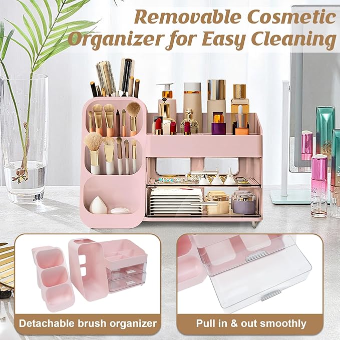 Makeup Organizer Countertop, Vanity Organizer with Brush Holder, Cosmetic Display Case with Drawers, Skincare Organizer for Dresser, Bathroom, Large Make up Storage Cosmetic Holder for Women gifts