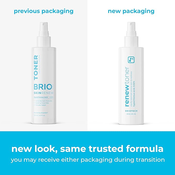 BRIOTECH Skin Renew Toner, Hypochlorous Acid Spray Topical Skin Spray for Face and Skin, Minimize Appearance of Blemishes, Soothing Mist for Redness & Bumps, Stocking Stuffer, 4 fl oz ea, 2 ct