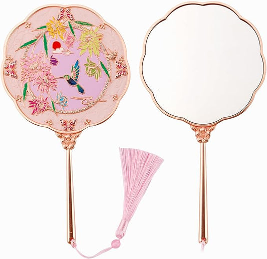 Hand Mirror, Handheld Mirror with Hummingbird Embossed Patterns, Metal Classic Makeup Mirror, Personal Cosmetic Mirror, Compact and Portable, Unique Gifts for Women(Rose Gold)