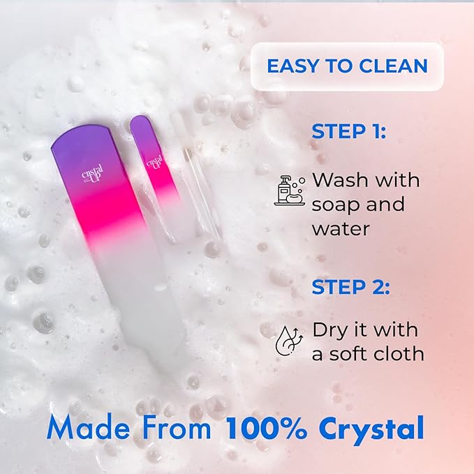 Starter Crystal Nail Set Care - 3PC Includes Glass Foot Scraper, Medium Crystal Nail File, and Cuticle Stick for Natural Nails, Glass Nail File Kit