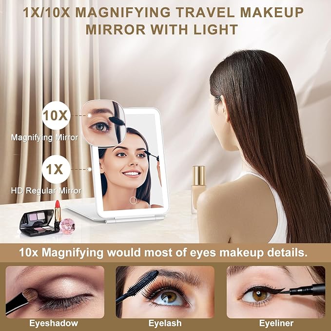 LED Foldable Travel Makeup Mirror - 5x7 inches 3 Colors Light Modes USB Rechargeable Touch Screen, Portable Tabletop Cosmetic Mirror for Travel, Cosmetic, Office (White)