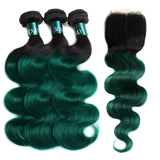 Green Body Wave Bundles with Closure,12A Grade Brazilian Remy Hair 1b/green Body Wave Human Hair Bundles with Closure for Women (161820+14 CL,1b/Green)