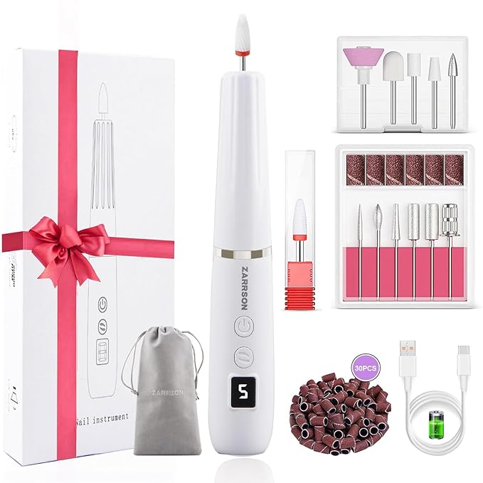 Professional Electric Nail Filer Drill Kit：Rechargeable Electric Nail Drill Set，Cordless Nail File Electric Sander for Acrylic Nail Files and Buffers with Nail Drill Bits Sanding Bands (White)