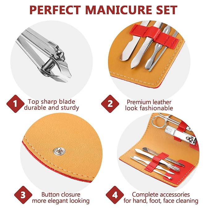 12 Set Manicure Set Bulk Mini Manicure Nail Clipper Kit 7 in 1 Stainless Steel Professional Nail Care Pedicure with Travel Portable Bag Grooming Kits for Women Men Home(Red)