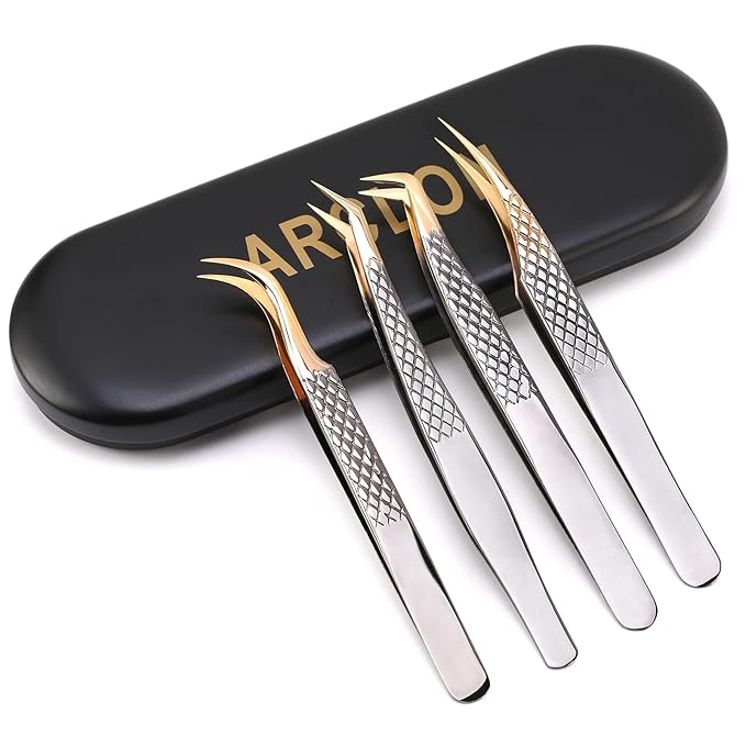 Lash Eyelash Extension Tweezers Set 4Pcs,Professional Eyelash Applicator Tool,Straight and Curved Precision Stainless Steel Tweezers Lash Extension Supplies(Black Gold)
