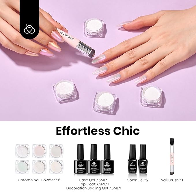 Beetles 6 Colors Chrome Nail Powder Aurora Pearl Kit with Base Top Coat Color Gel Polish-Iridescent Glazed Donut Chrome Nail Powder Metallic Mirror Effect Mermaid Glitter Kit for Nail Art Design