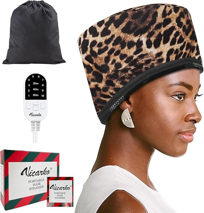 VICARKO Hair Steamer for Deep Conditioning, 10-Level Heats Up Quickly, 118” Power Cord, Heating Cap Hot Oil Treatment Heat, Electric Thermal Heated Steam for Natural Black Hair, Animal Print