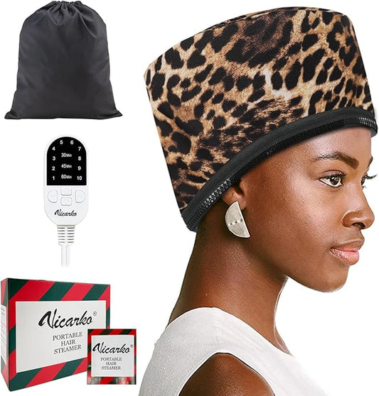 VICARKO Hair Steamer for Deep Conditioning, 10-Level Heats Up Quickly, 118” Power Cord, Heating Cap Hot Oil Treatment Heat, Electric Thermal Heated Steam for Natural Black Hair, Animal Print